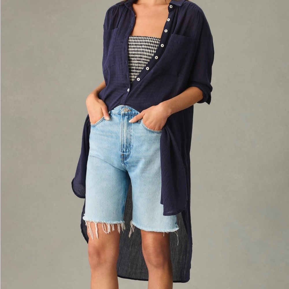 Anthropologie Long Navy Button Down Gauze Tunic/Shirt - Picture 2 of 10